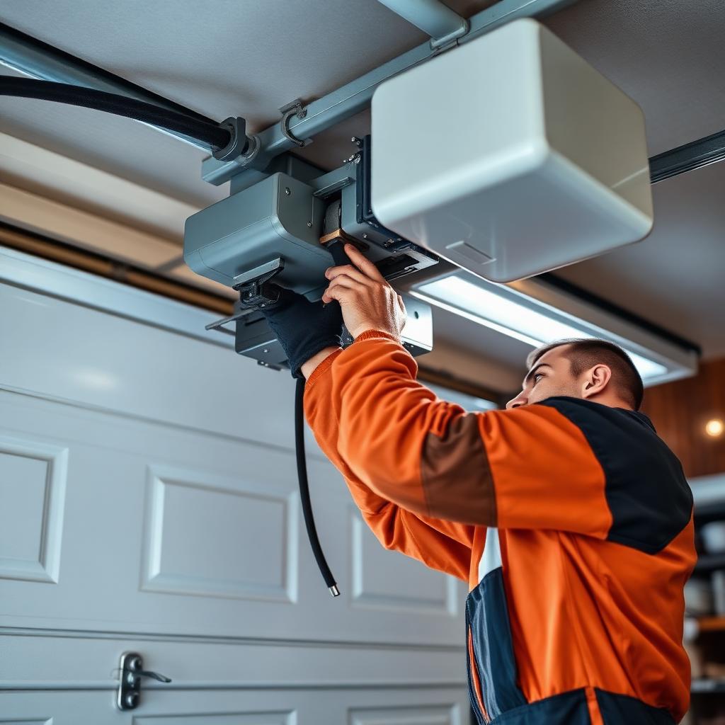 Experienced garage door technician adjusting opener motor