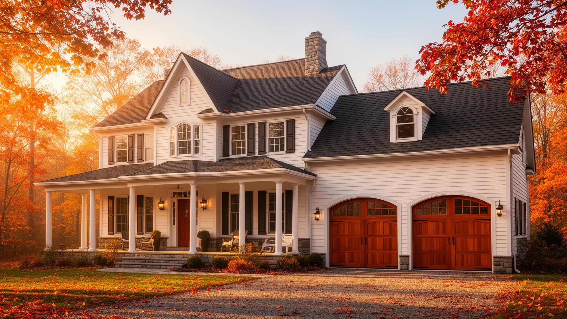 Beautiful mahogany wood garage doors with arched windows on elegant farmhouse